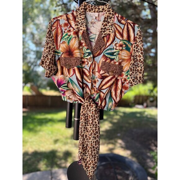 NEW Vintage Cache Floral Animal Print Brown Short Sleeve Tropical Top Blouse M - Picture 3 of 10